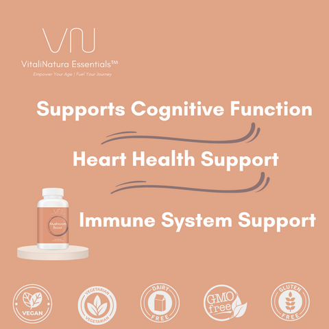 Mushroom Boost Supplement benefits supports cognitive function, heart health, and immune support