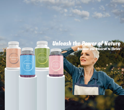 Hero Image Homepage showing woman and some vitamins